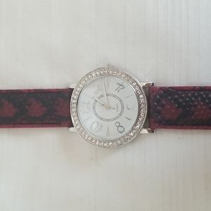 Maroon Black Snake Print Rubber Rhinestone Quartz Watch